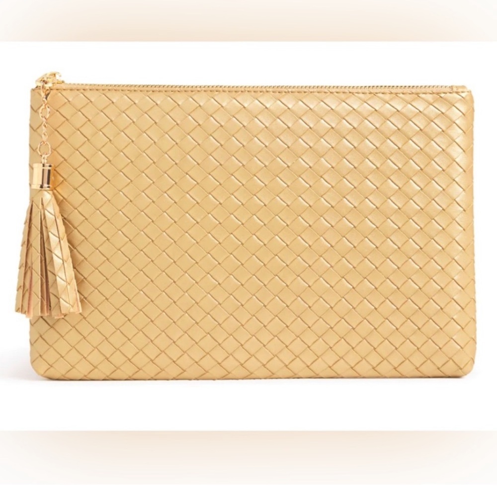 NWOT Virginia Wolf “Mimi” Woven Vegan Leather Light Gold Clutch | 10.5” x 7”